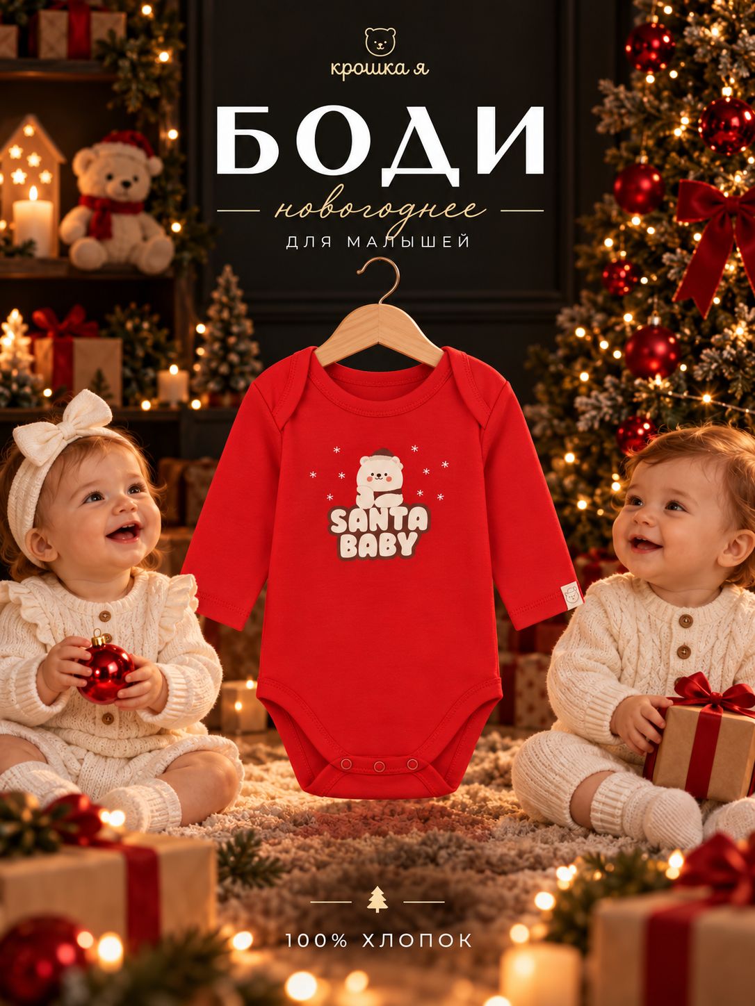 Новогоднее боди для новорожденных Крошка Я Santa baby, рост 74-80 см
