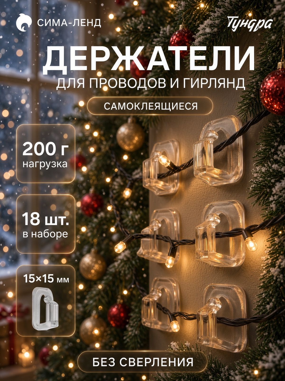 Крючки для гирлянд самоклеящиеся 15х15 мм, 18 шт