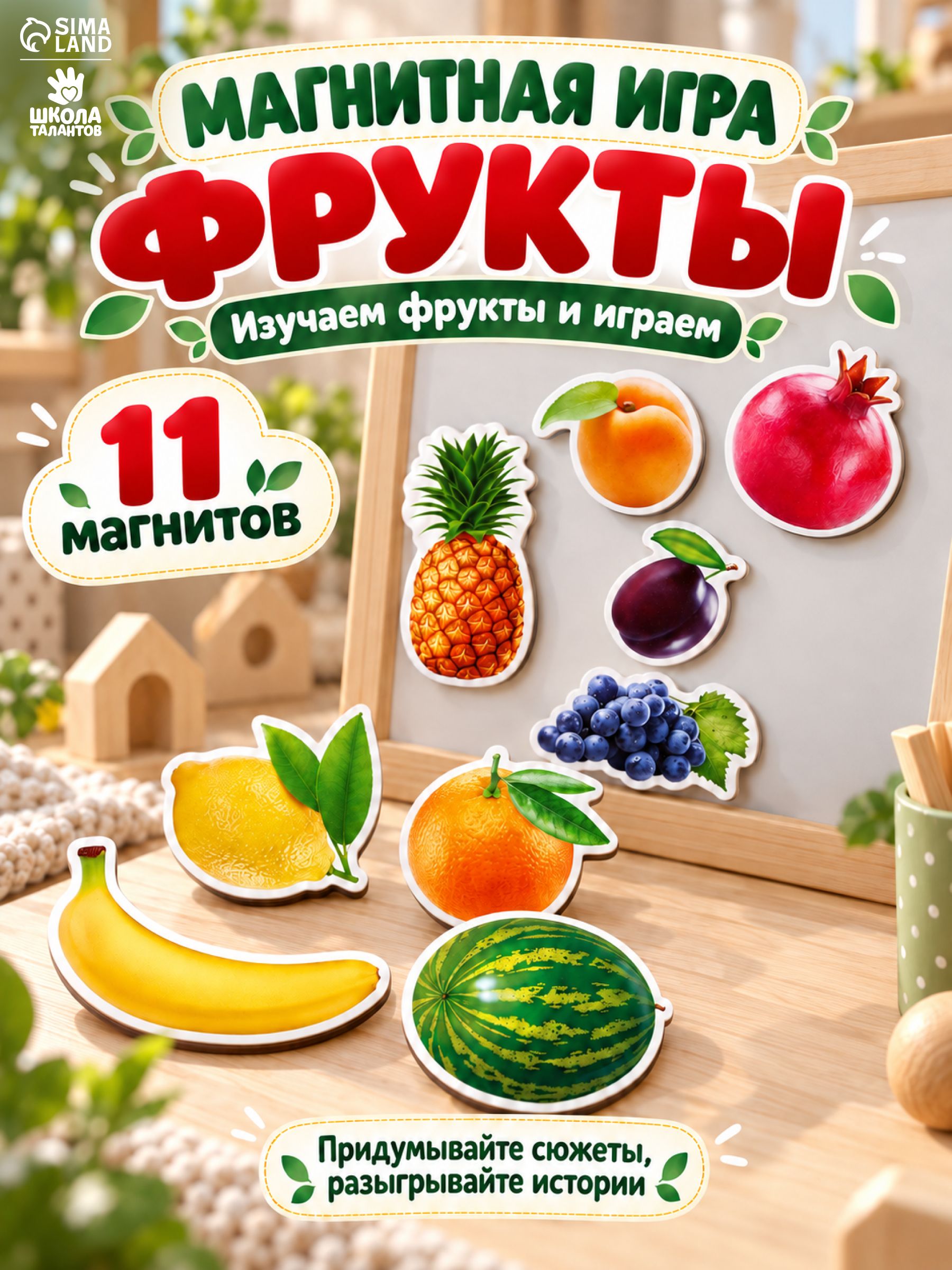 Игра магнитная настольная развивающая для детей / Обучающая игра / Магниты на холодильник для малышей "Фрукты" 11 штук