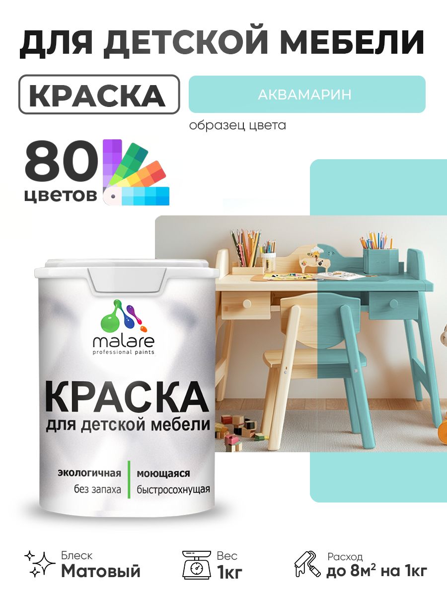 Акриловая краска Malare для детской мебели, мебели из дерева, моющаяся, быстросохнущая без запаха матовая, аквамарин, 1 кг.
