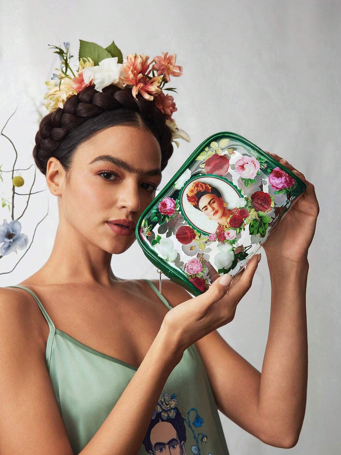 Премиум зеленая Косметичка с изображением Фрида Кало, Frida Kahlo