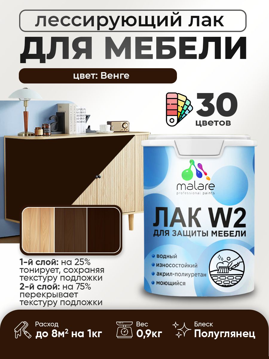Лак колерованный тонирующий лак для мебели Malare W2 для кухонных фасадов, для дерева и минеральных поверхностей, акриловый быстросохнущий без запаха, полуглянцевый, венге, 0.9 кг.
