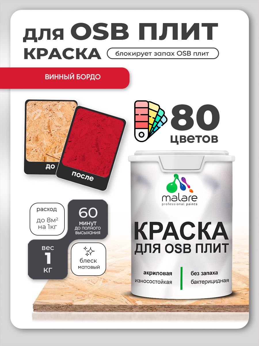 Акриловая краска для ОСБ плит Malare для дерева для наружных и внутренних работ, быстросохнущая без запаха матовая, винный бордо, 1 кг