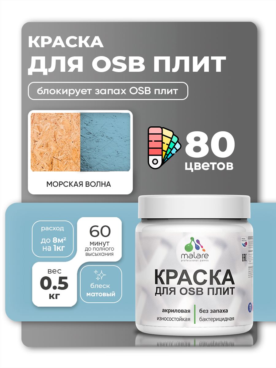 Акриловая краска для ОСБ плит Malare для дерева для наружных и внутренних работ, быстросохнущая без запаха матовая, морская волна, 0.5 кг