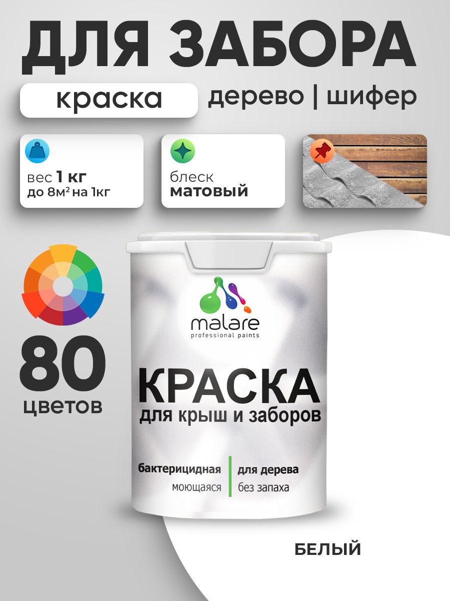 Акриловая краска Malare для деревянного забора/ по дереву для наружных и внутренних работ/ быстросохнущая моющаяся без запаха, матовая, белый, 1 кг.