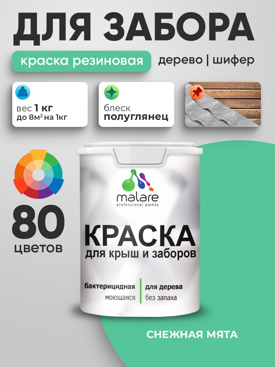 Резиновая краска Malare для деревянного забора/ по дереву для наружных и внутренних работ/ быстросохнущая моющаяся без запаха полуглянцевая, снежная мята, 1 кг.