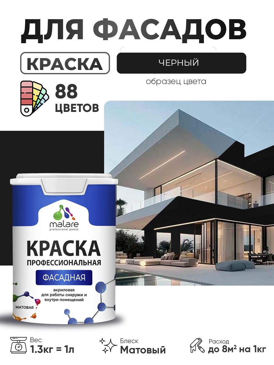 Краска фасадная для наружных работ Malare Professional для дерева по бетону, для минеральных поверхностей, акриловая быстросохнущая без запаха, матовая, черный, (1л - 1.3кг)