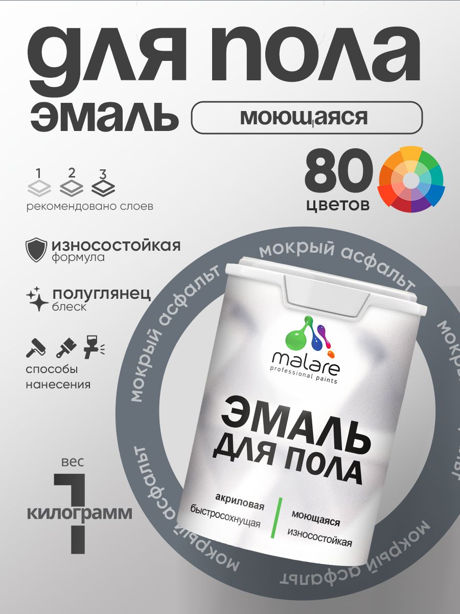 Эмаль для пола акриловая Malare краска для бетонных полов по дереву/ износостойкая без запаха, быстросохнущая моющаяся полуглянцевая, мокрый асфальт, 1 кг