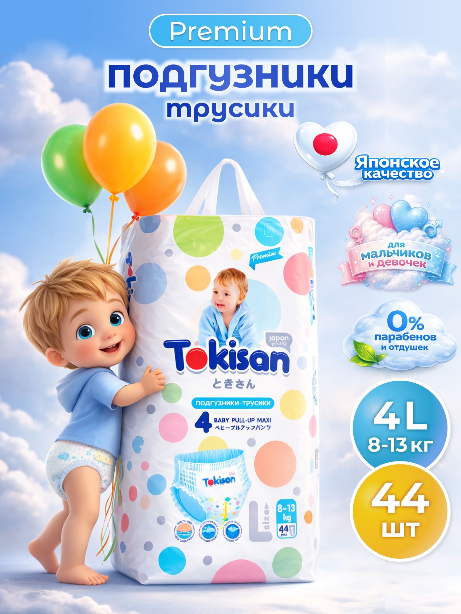 Дышащие подгузники трусики Tokisan японское качество, детские 8-13 кг, размер 4 L, 44 шт, с индикатором наполнения, дневные и ночные