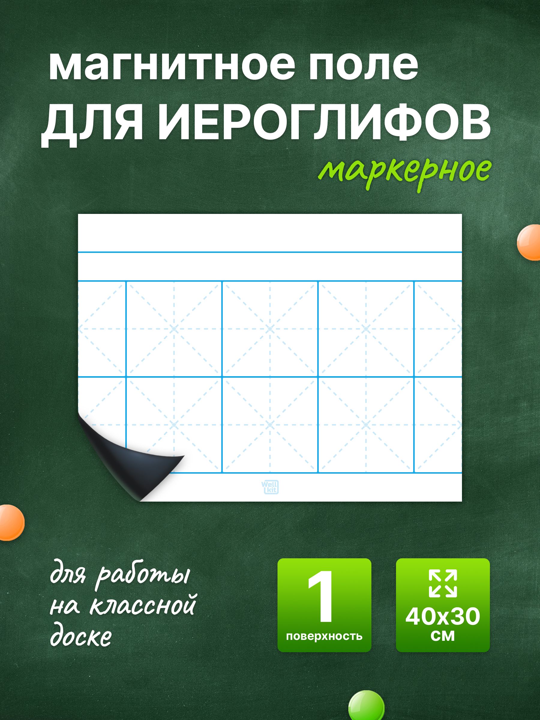 Разлиновка магнитная для школьной доски, поле для иероглифов 40х30 см. WellKit