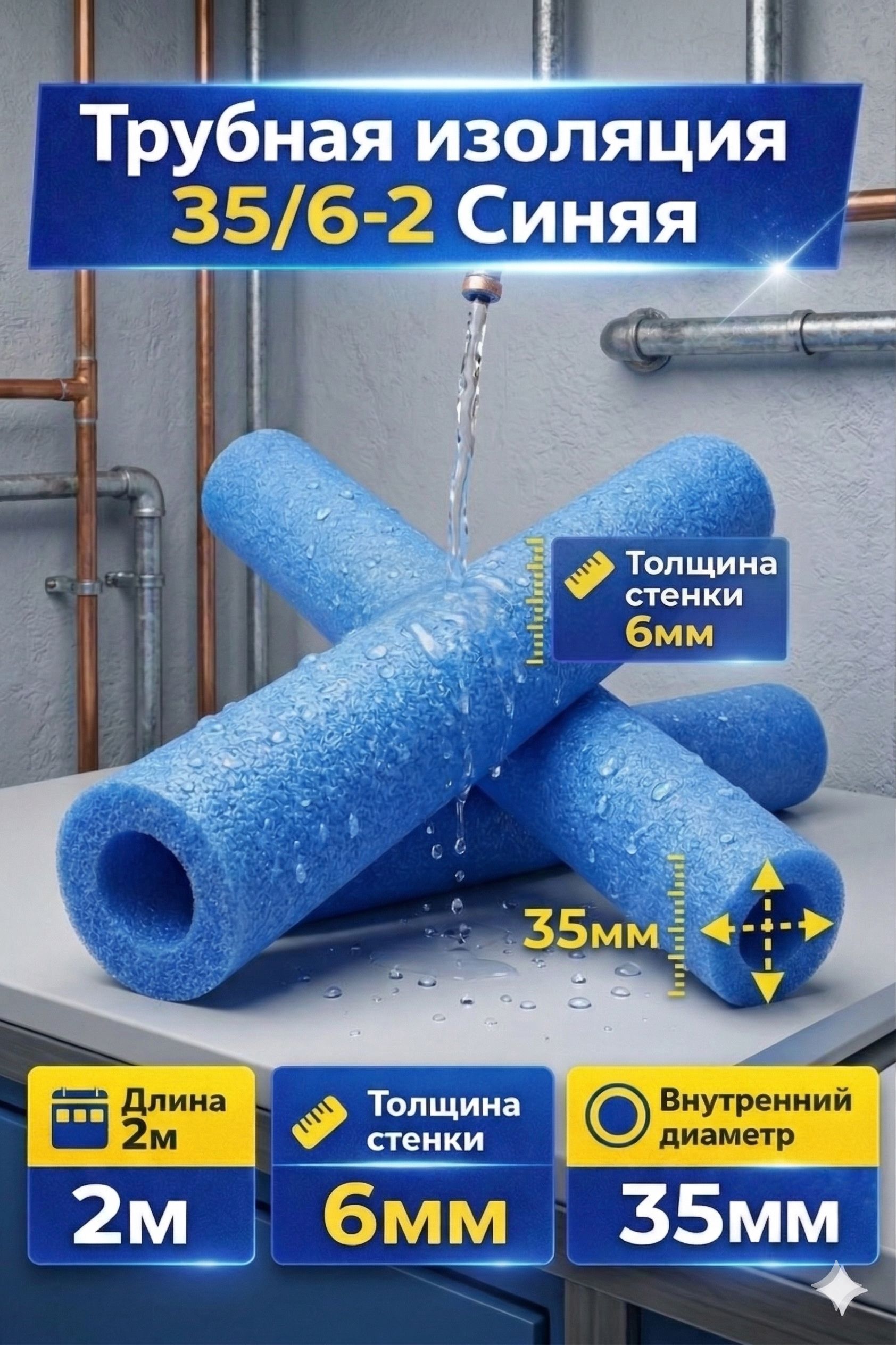 Трубная изоляция из вспененного полиэтилена 35x6 мм, 2 м, синяя, для ...