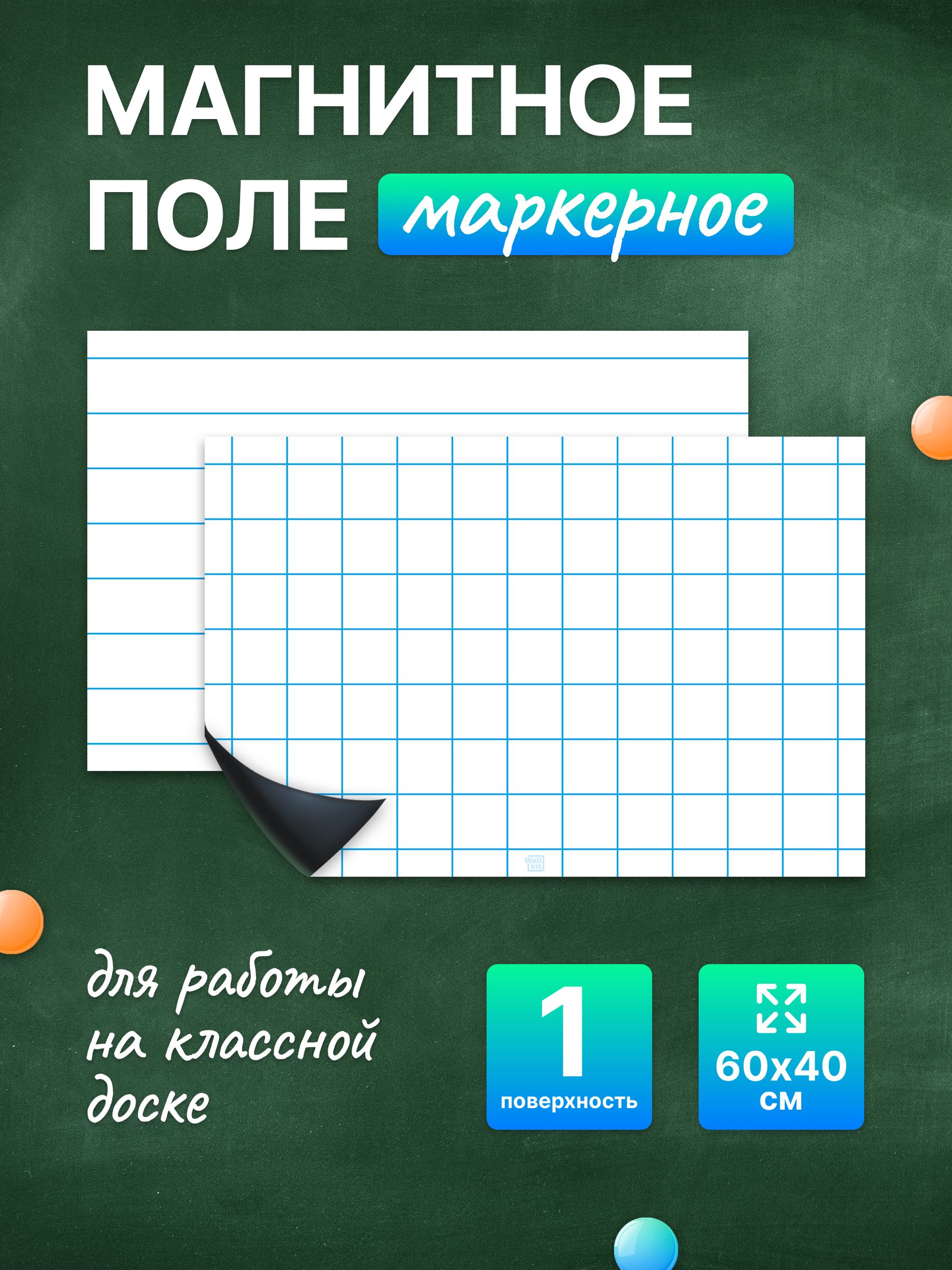 Разлиновка магнитная для школьной доски комплект, клетка+линия 60х40 см. WellKit