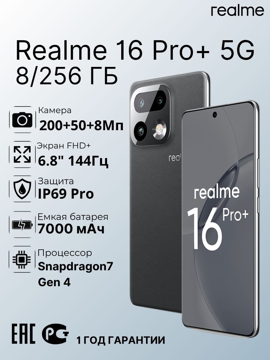 realmeСмартфон16Pro+5GРостест(EAC)8/256ГБ,серый