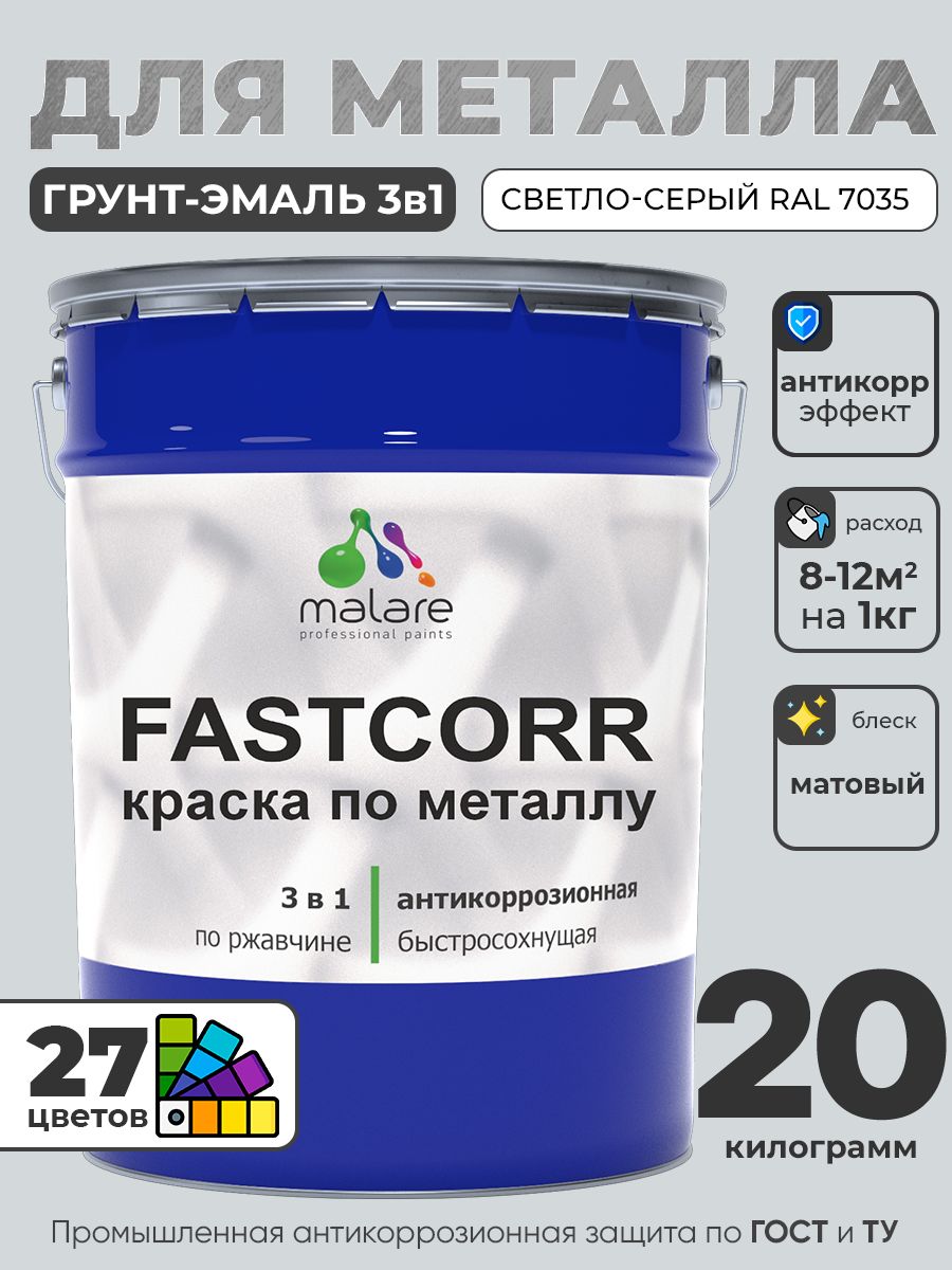 Краска для металла по ржавчине Malare FastCorr, для наружных работ износостойкая, быстросохнущая RAL 7035 светло-серый, матовая, 20 кг