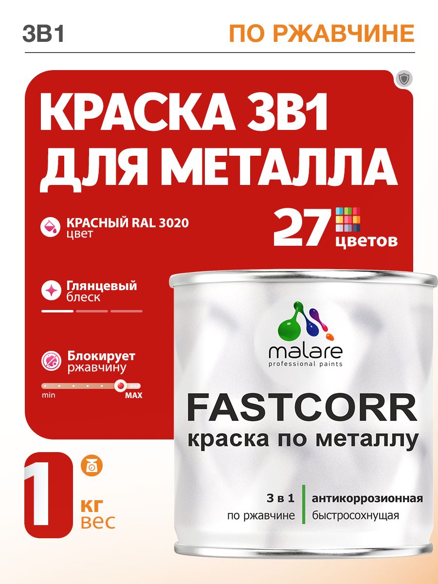 Краска для металла по ржавчине Malare FastCorr, для наружных работ износостойкая, быстросохнущая RAL 3020 красный, глянцевая, 1 кг