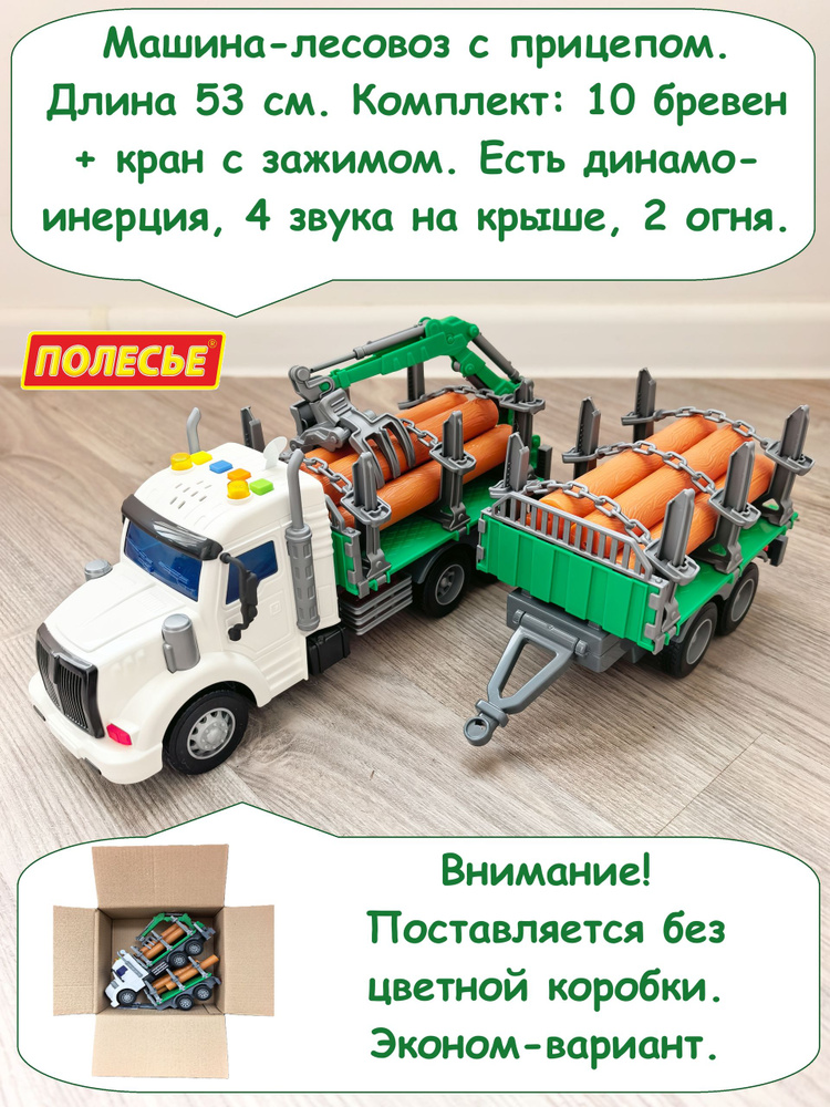 Лесовоз машина с прицепом 53 см (10 бревен, инерция, 4 звука, свет, кран с зажимом) / Полесье Профи (бело-зеленый) #1