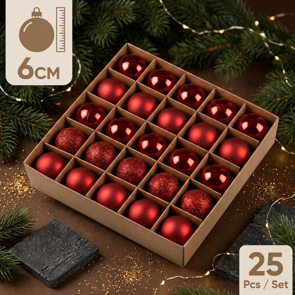 Елочные игрушки шары 6 см 25 штук красные, украшение на елку набор #1