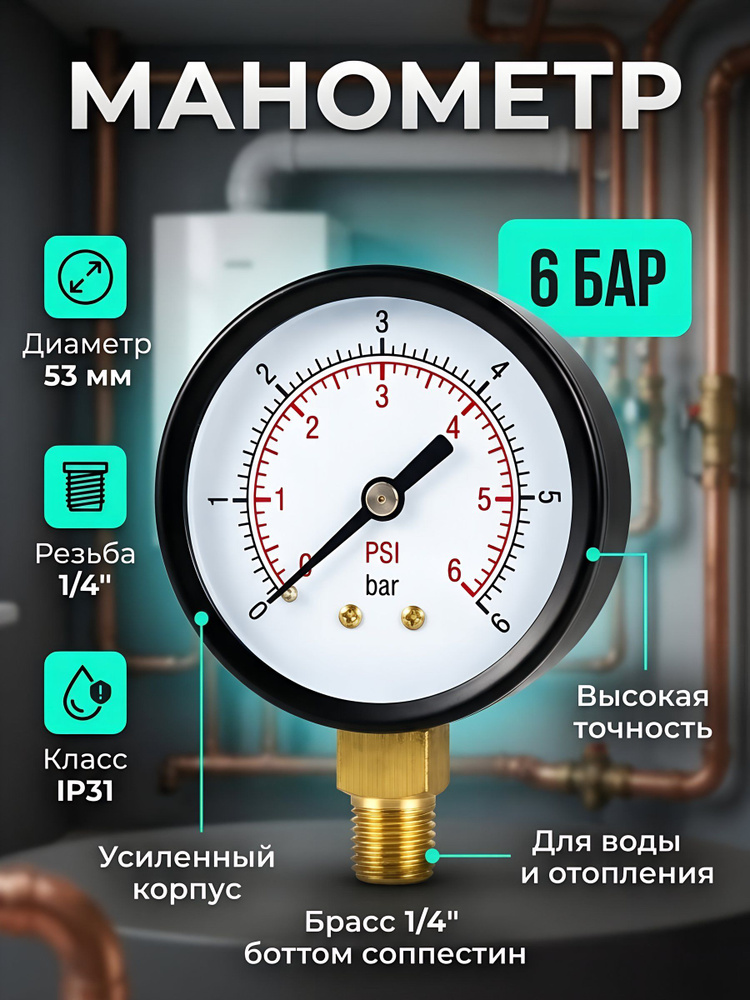 Манометр радиальный для насоса, диаметр 53 мм, 6 бар, ProFactor #1