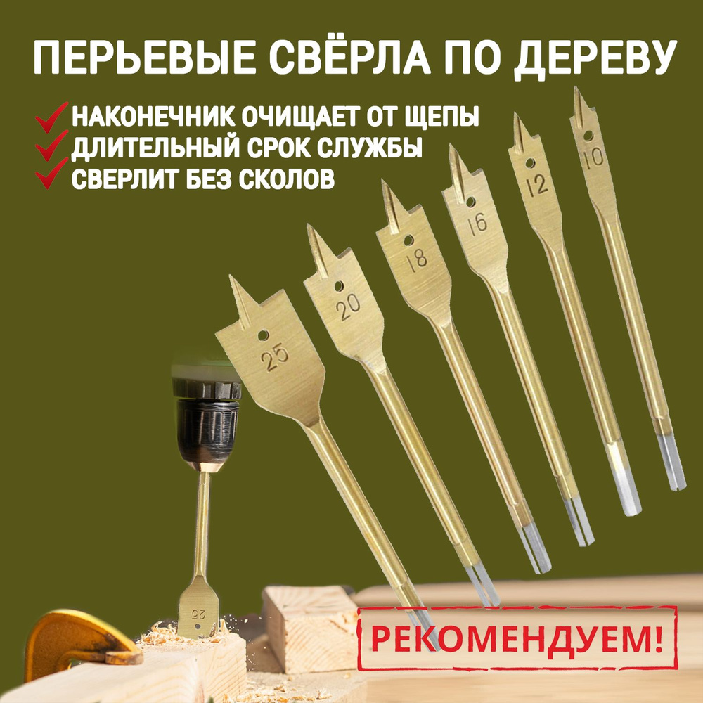 Сверло по дереву перьевое 6 штук, титановое покрытие, диаметр от 10 до 25 мм, для древесины  #1