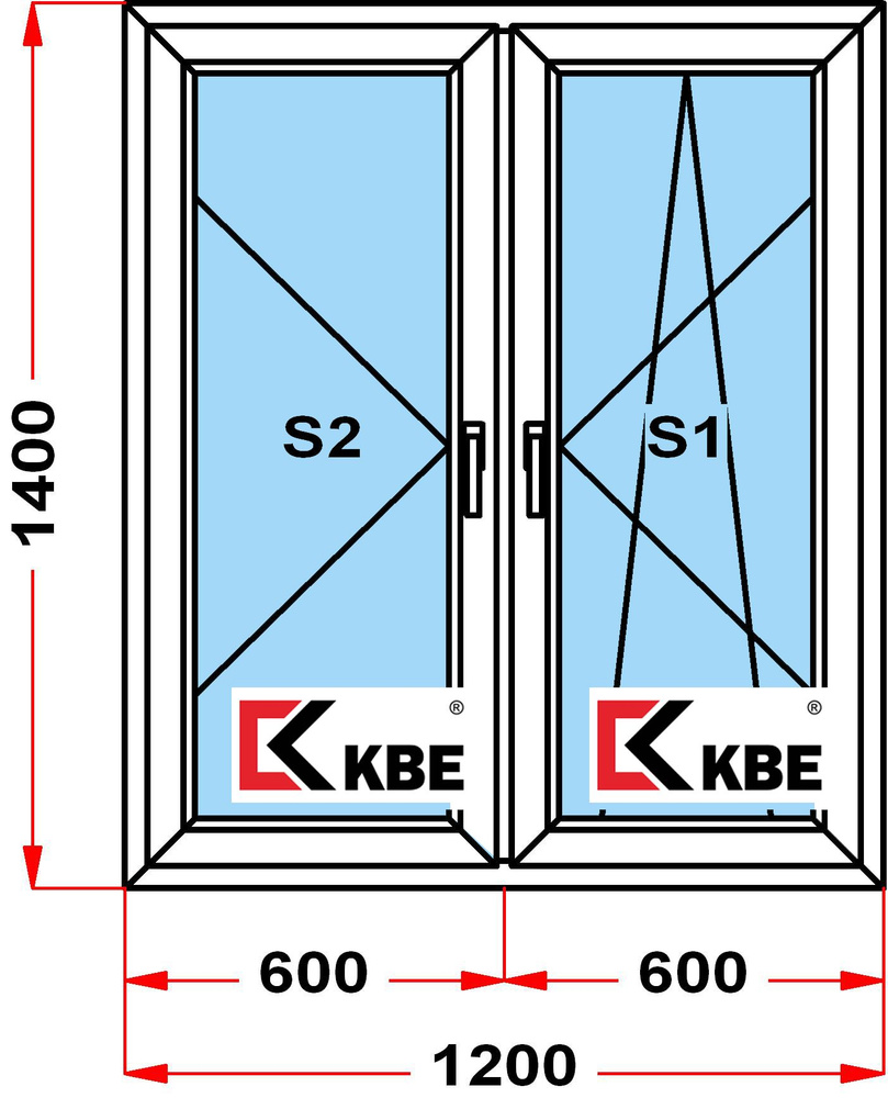 Окно пластиковое+москитка KBE 58 мм (1400 x 1200), с поворотно-откидной створкой, стеклопакет из 2х стекол #1