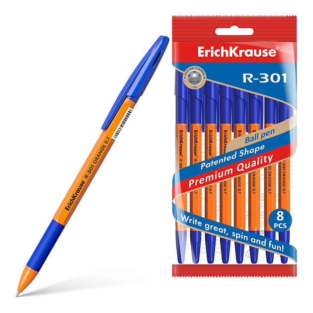 Набор из 8 ручек шариковых ErichKrause R-301 Stick&Grip Orange 0.7, цвет чернил синий  #1