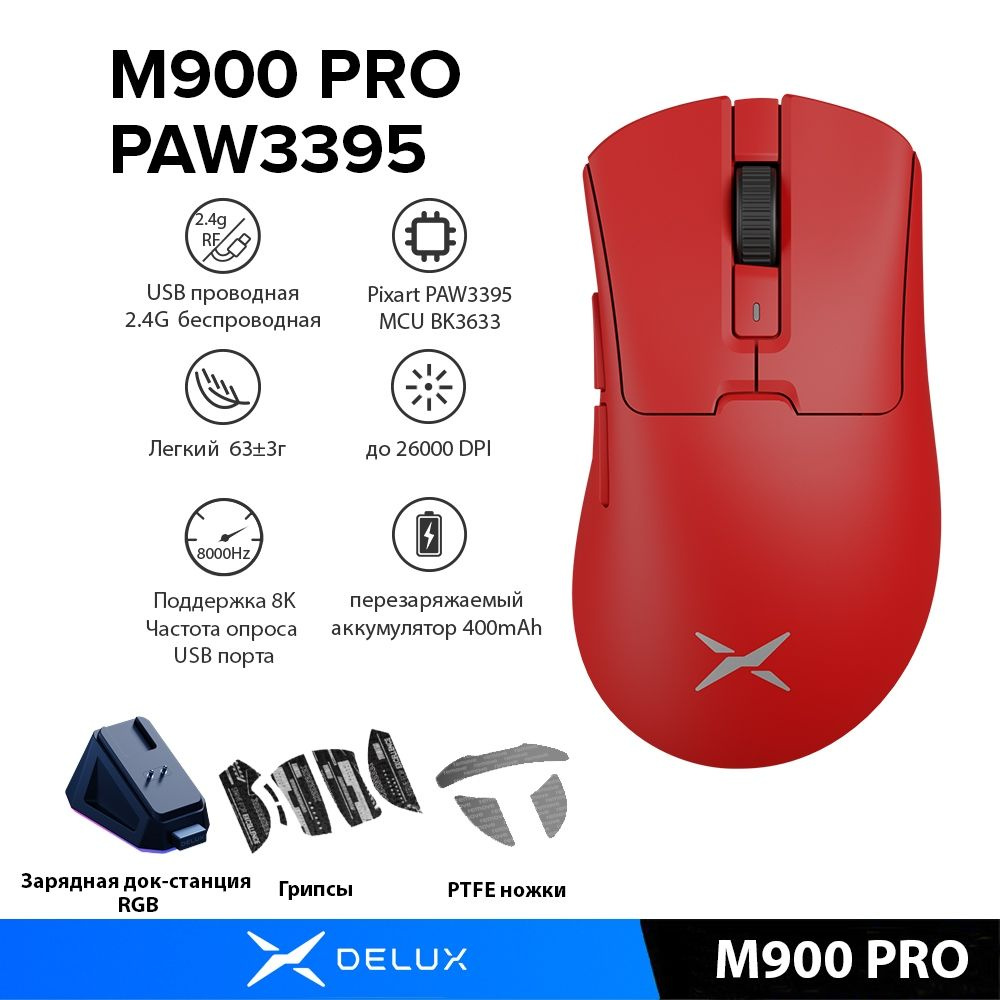 Игровая мышь беспроводная DELUX M900PRO PAW3395, красный - купить по  выгодной цене в интернет-магазине OZON (1533278622)