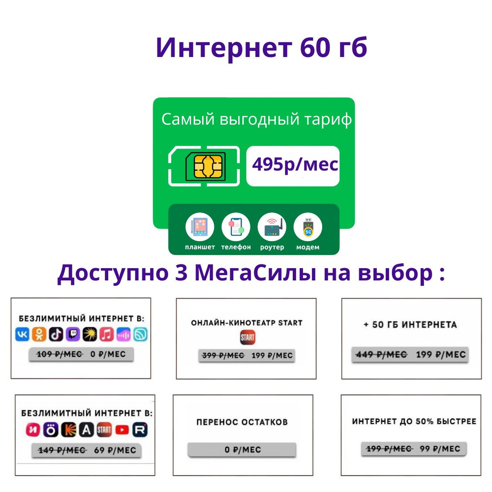 SIM-карта 60 гб /495 руб.мес/сим карта #1