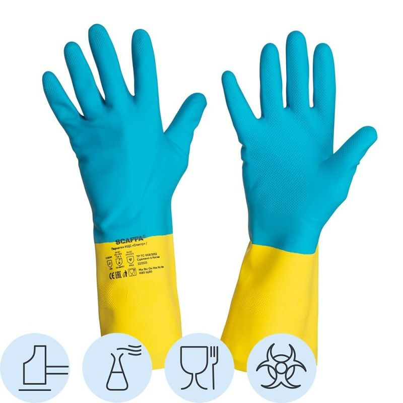 Защитные перчатки Scaffa "Спектр", Cem, L/N70, латекс, неопрен, КЩС, желто-синие, размер 7  #1