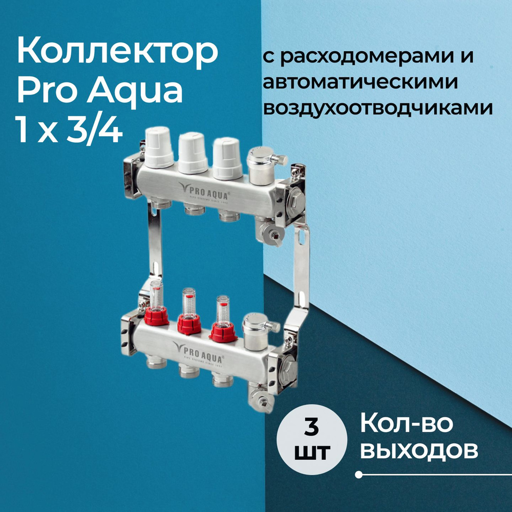 Коллектор Pro Aqua с расходомерами и авт. воздухоотводчиком 3 выхода, 230 мм, 1" x 3/4"  #1