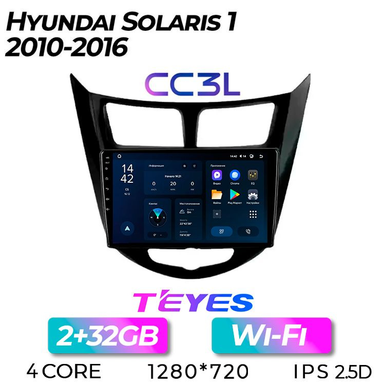 Штатная магнитола Teyes CC3L/ Hyundai Solaris 1 Black Gloss/Хендай/Хундай/Хендэ Солярис Черный Глянец/ #1