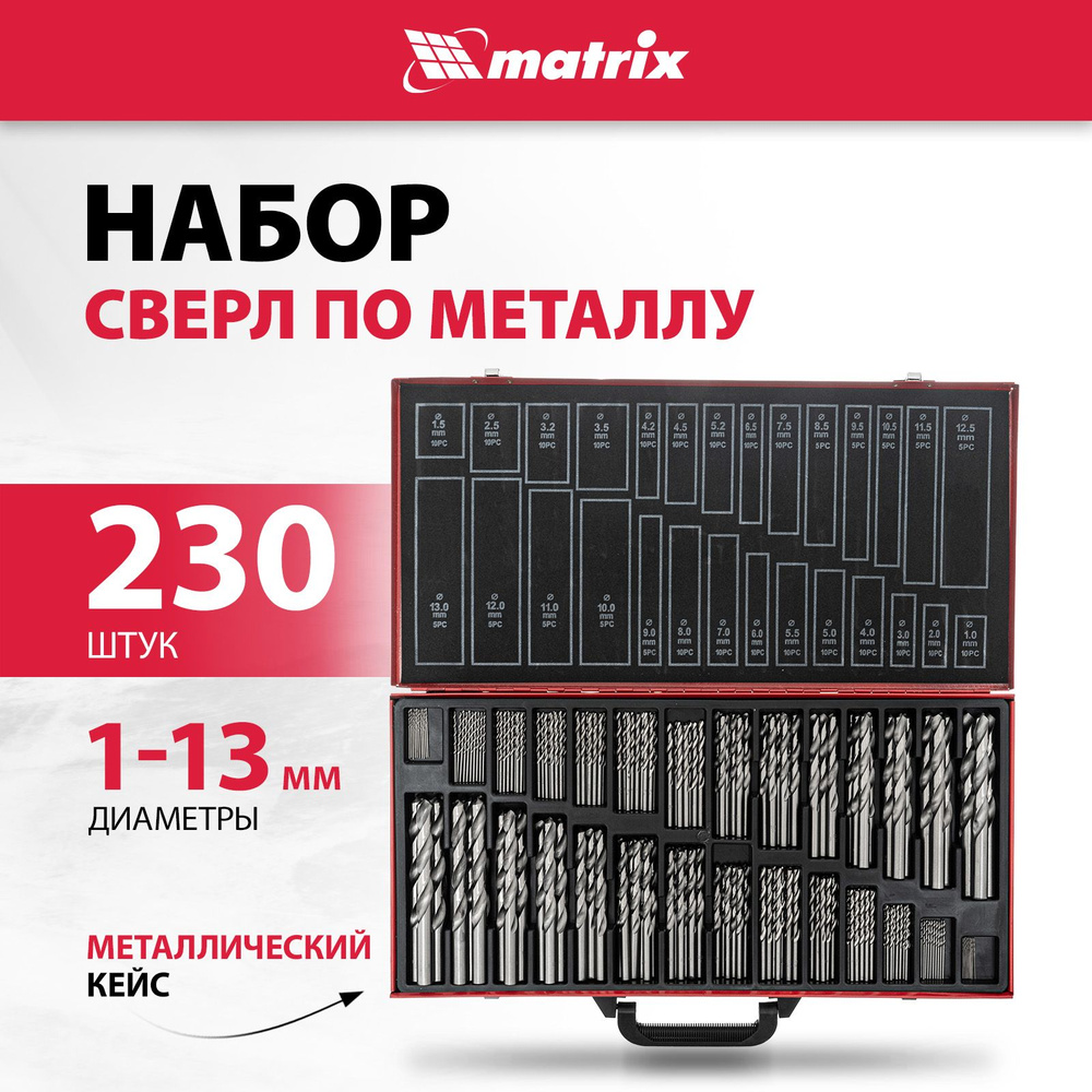 Набор сверл по металлу MATRIX, 230 штук, 1-13 мм, закаленная быстрорежущая сталь HSS, отполированная #1