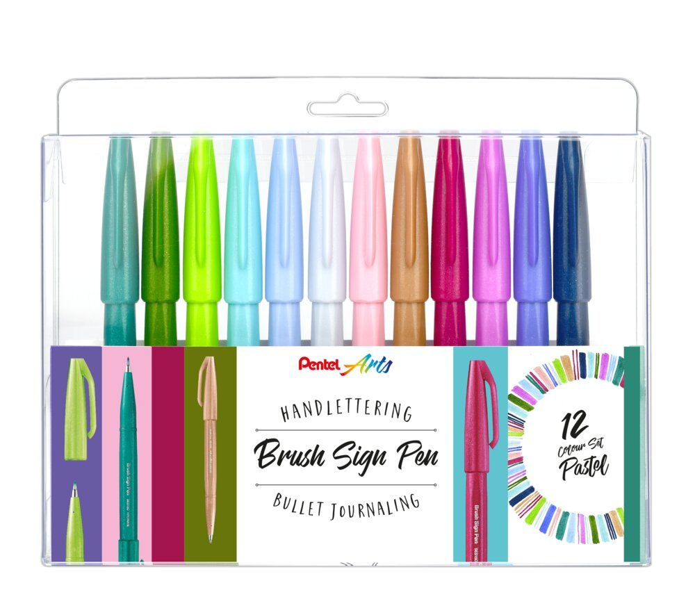 Pentel Brush Sign Pens набор брашпенов Basic, от 0.2 мм, 12 цветов, кисть SES15-12  #1