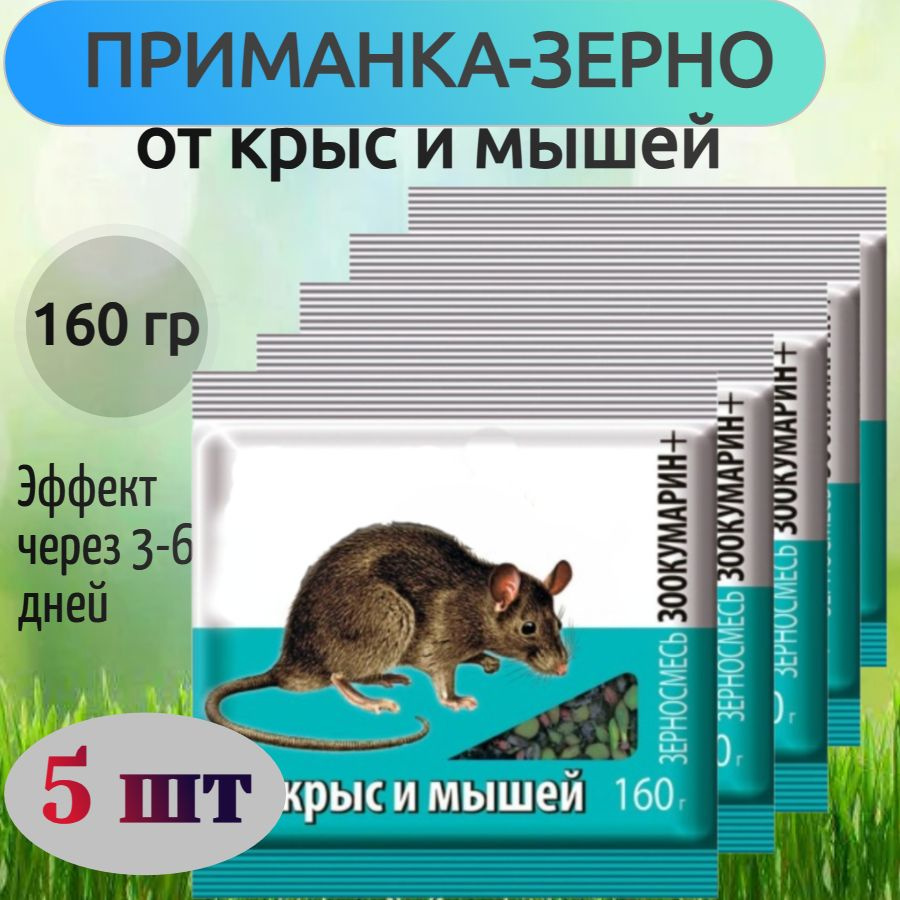 Приманка-зерно от крыс и мышей, 5 упаковок по 160 гр - для использования в жилищах, садовых домиках и #1