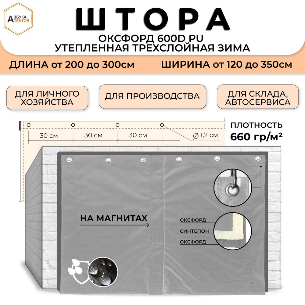 Штора утепленная трехслойная (Оксфорд 600) 220х300, полог универсальный с люверсами на магнитах, тент #1