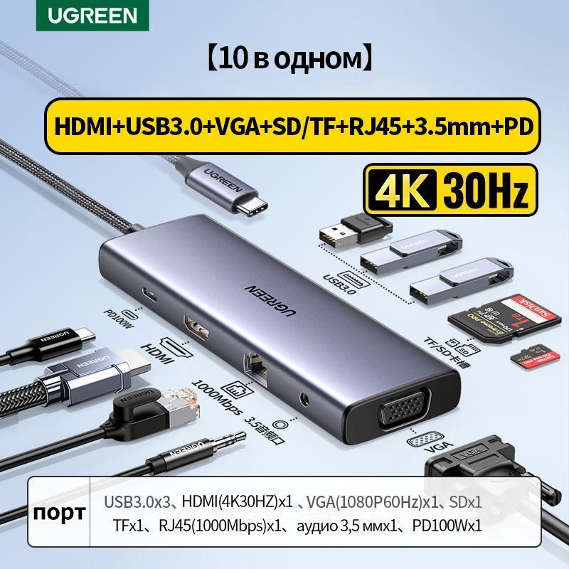 USB-Концентратор UGREEN 10-in-1 (15601), 4K(30HZ)HDMI, VGA, RJ45, USB 3.0, 3.5mm,PD 100W Hub  #1