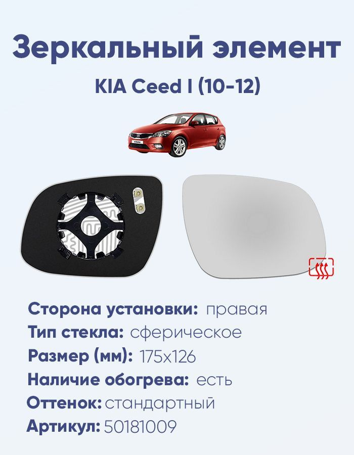 Зеркальный элемент правый KIA Ceed I (10-12) сфера нейтральный с обогревом  #1