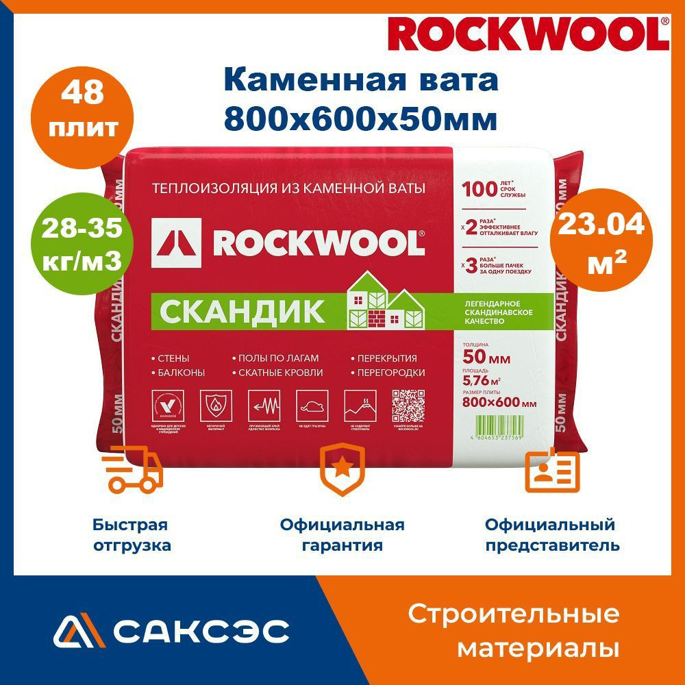 Каменная вата утеплитель Роквул Лайт Баттс Скандик 800х600х50мм, 48 плит, 23.04 м2 / Утеплитель Rockwool #1