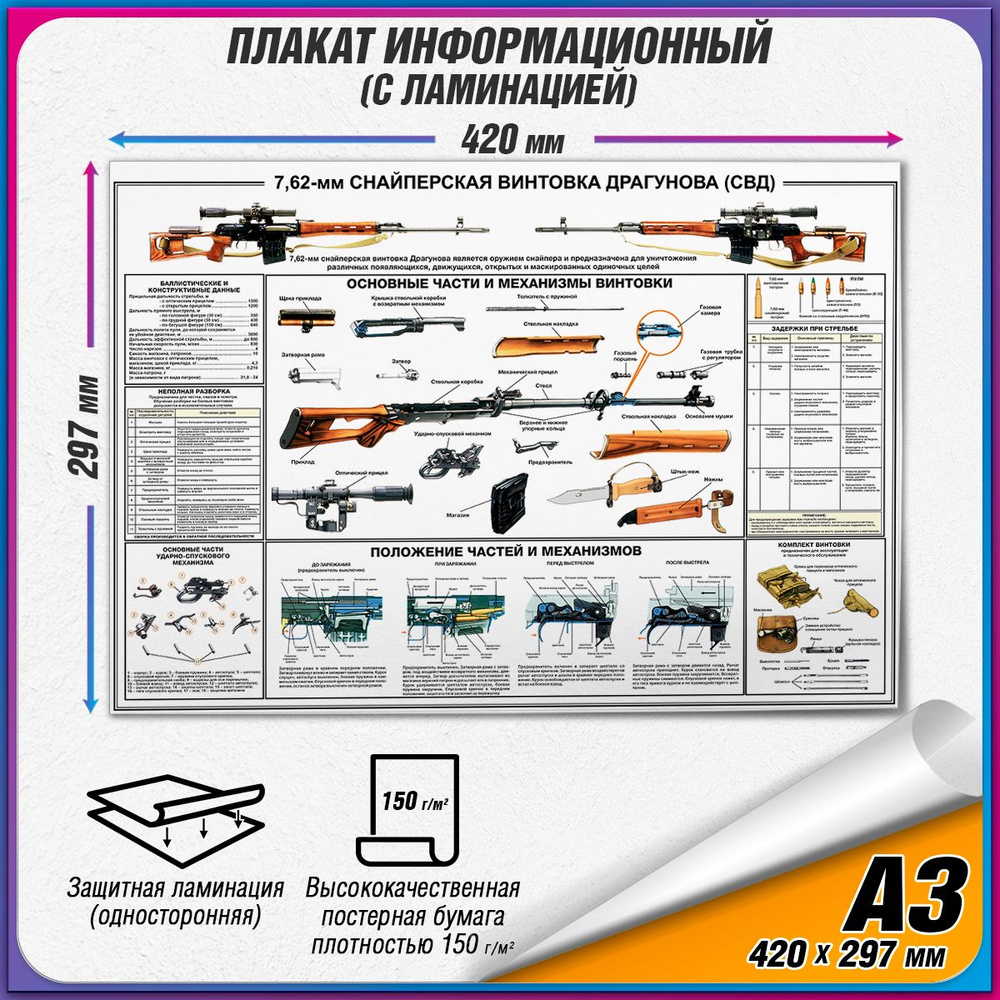 Информационный военный плакат "7,62-мм Снайперская винтовка Драгунова (СВД)" / ламинированный / А3 (42x30 #1