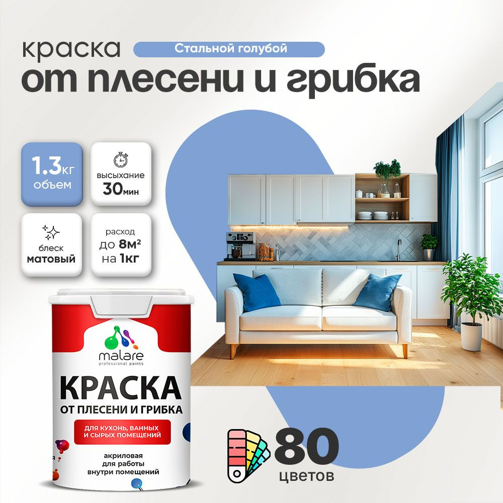 Влагостойкая краска от плесени и грибка Malare Professional акриловая для кухни, ванной комнаты, для #1