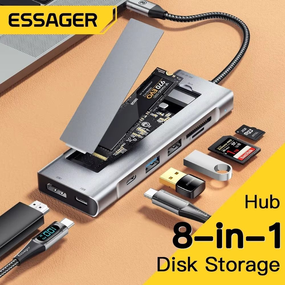 Адаптер переходник (картридер) Essager с Type-C на 2 USB 3.0 / SD / Micro SD / HDMI / SSD / USB-C 8 в #1