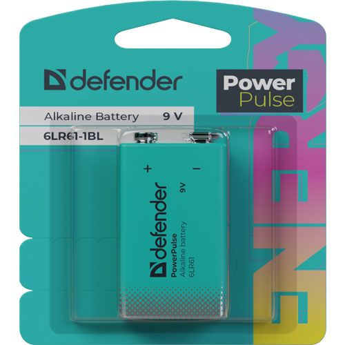 Батарейка 9V Крона щелочная Defender PowerPulse 6LR61-1BL в блистере 1шт  #1