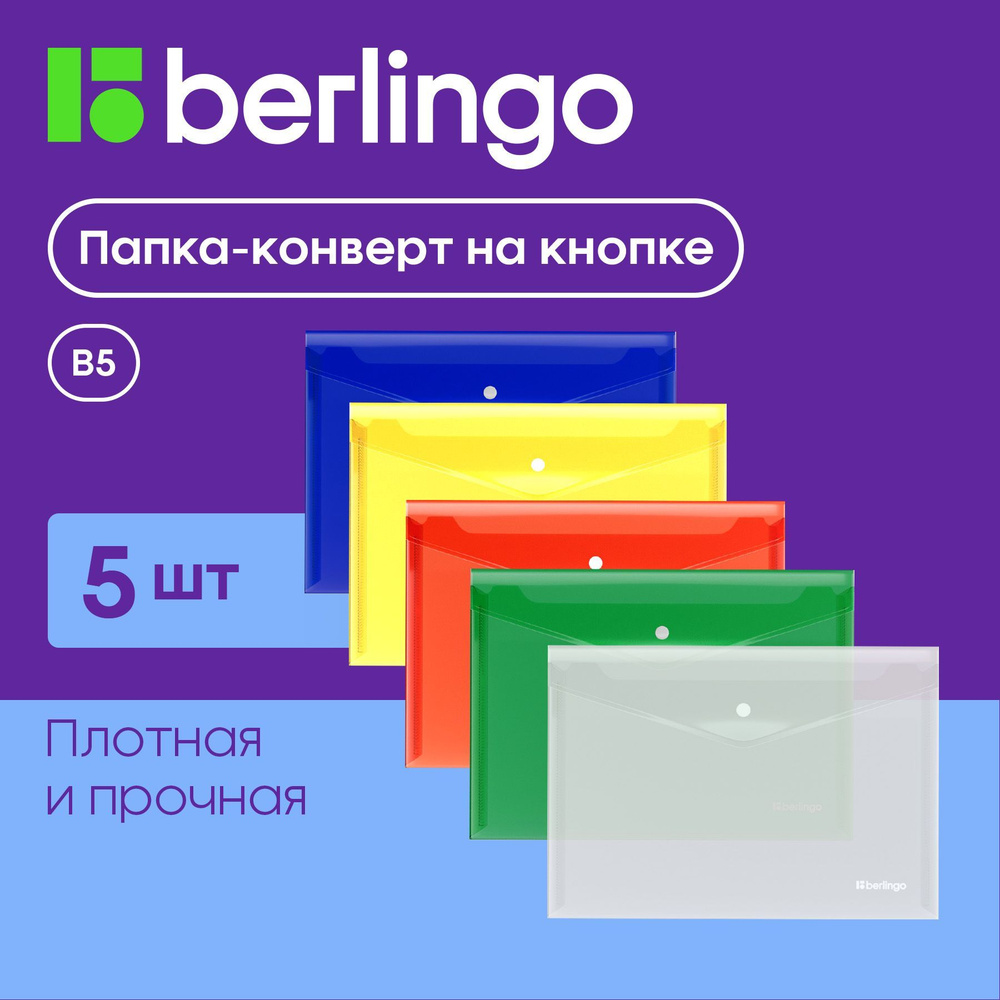 Папка-конверт на кнопке для документов и бумаг, Berlingo "No Secret", В5, набор 5 штук  #1