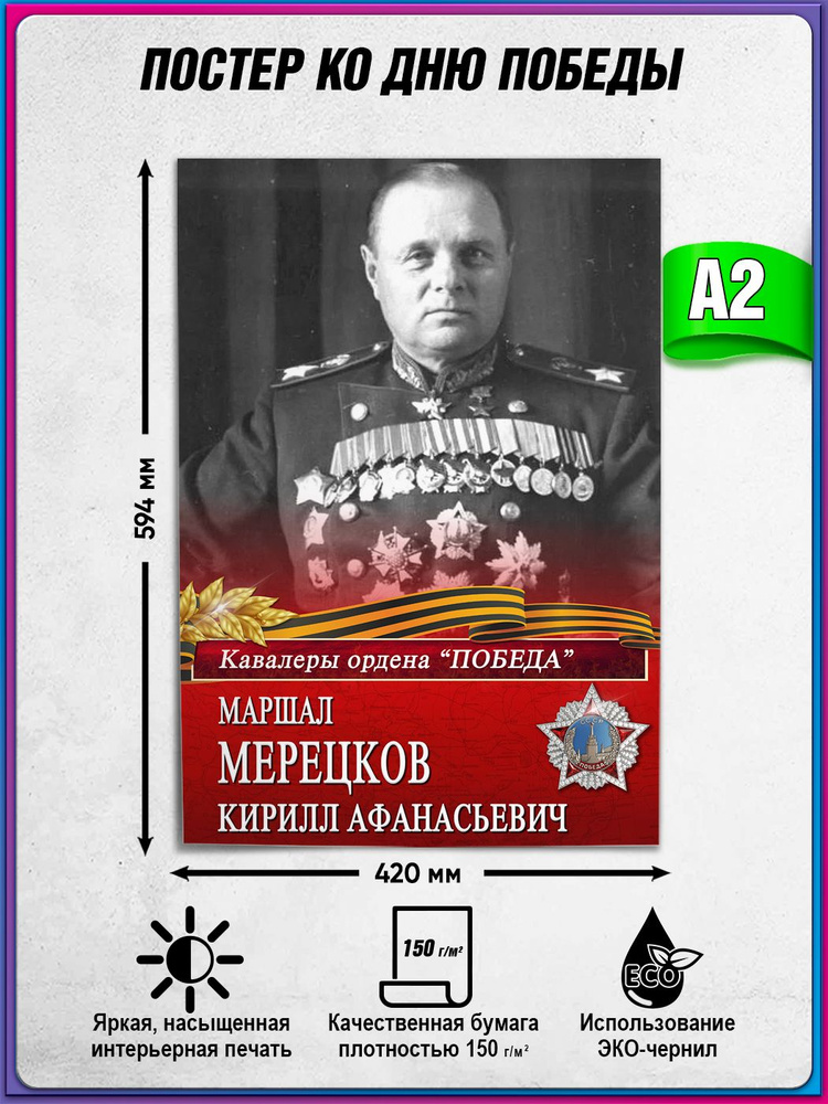 Плакат "Маршал Мерецков Кирилл Афанасьевич" / Постер из серии "Кавалеры ордена Победы" / А-2 (42x60 см.) #1