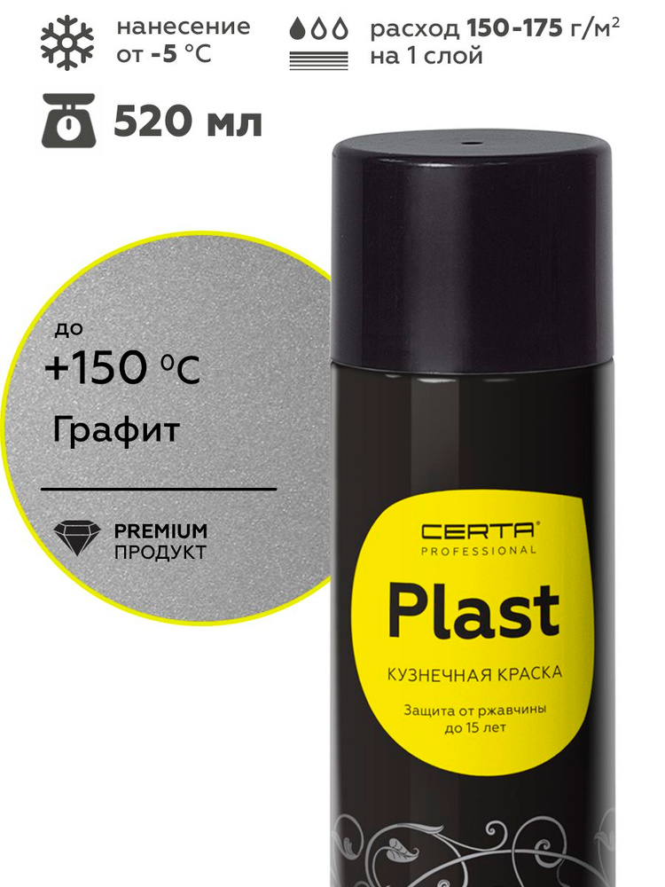 Аэрозольная грунт-эмаль CERTA PLAST антикоррозионная краска по металлу для защиты от ржавчины, графит, #1