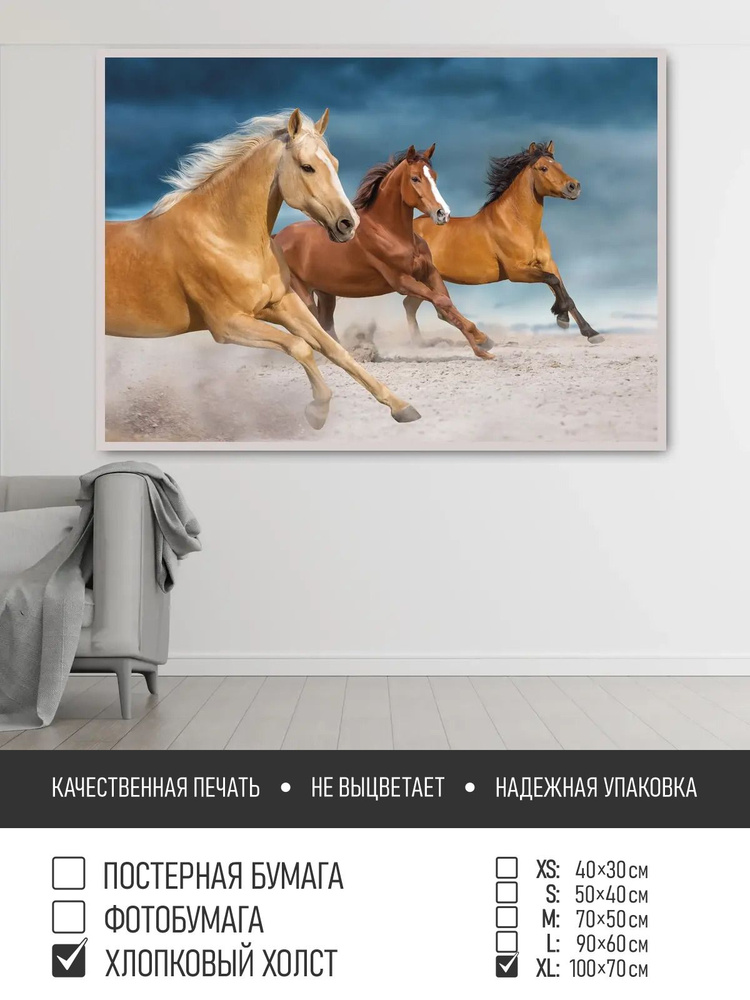 Постер на холсте Бег трех коней, 100х70 см ПолиЦентр #1