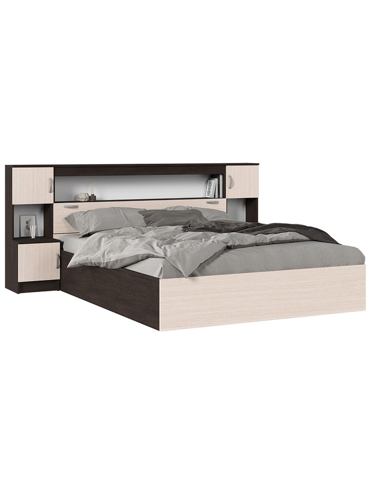 Двуспальная кровать Бриз 160х200 см, с основанием настил, с жестким изголовьем, с полками, Венге / Дуб #1