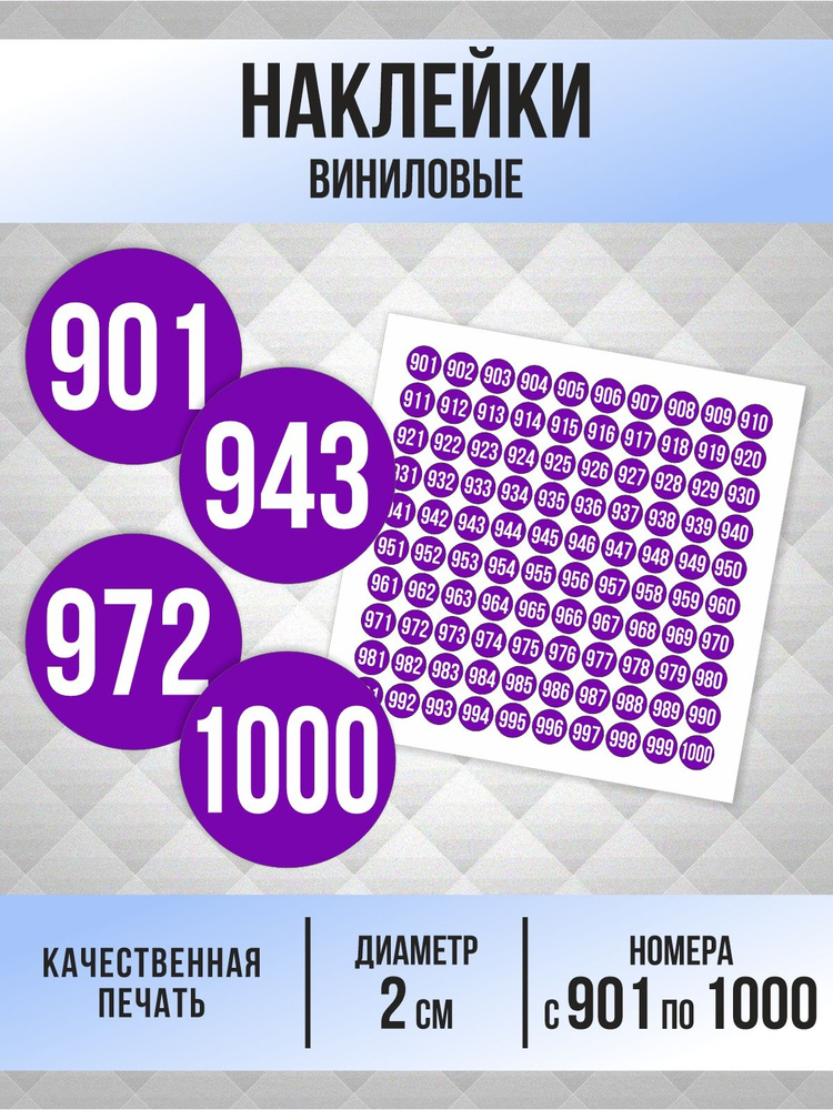 Наклейки с номерами от 901 до 1000 круглые 20 мм, цвет фиолетовый, ПолиЦентр #1