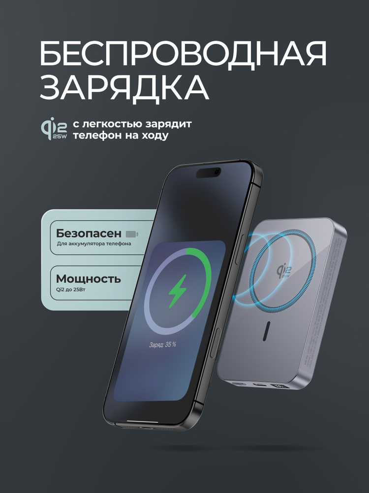 Внешний АКБ NRG Max Qi2.2 25W 10000мА-ч (38.5 Вт-ч),Qi мощность до 25Вт MageSafe,серый, Deppa, 33714 #1