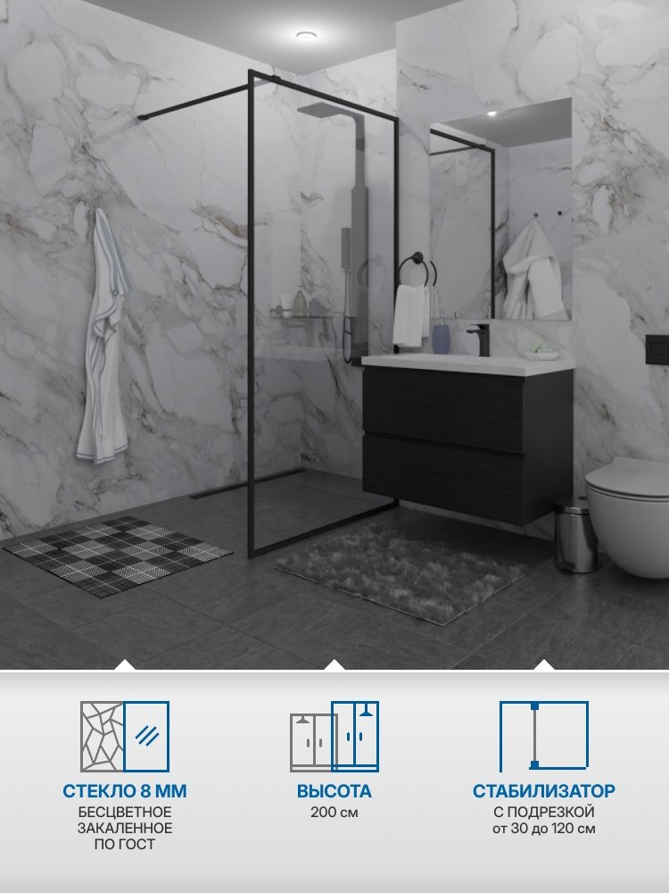 Душевая перегородка SHOWER GLASS GK-24-8мм 120x200 см, цвет фурнитуры черный матовый, цвет стекла бесцветный, #1