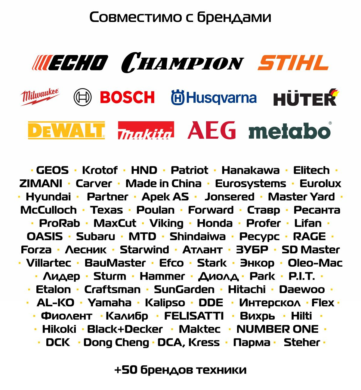 Champion, ECHOStihlPatriotGEOSKrotof HNDHanakawaElitechZIMANICarverMade in ChinaEurosystemsEuroluxHyundaiPartnerApek ASJonsered Master yardMcCullochTexasPoulan ForwardСтаврHuterРесантаProRabHusqvarnaMaxCutVikingHondaProferLifanOASISSubaru MTDShindaiwa Ресурс RAGEForza Лесник Starwind Атлант ЗУБР SD Master VillartecBauMasterEfco Stark ЭнкорOleo-Mac Лидер SturmHammer Диолд Park P.I.T. EtalonCraftsmanSunGarden Hitachi Daewoo AL-KO Yamaha KalipsoBosheDDE Milwaukee AEG Makita Metabo DeWalt Интерскол Flex Фиолент Калибр FELISATTI Вихрь Hilti Hikoki Black+Decker Maktec NUMBER ONE DCK Dong Cheng DCA Kress Парма Steher